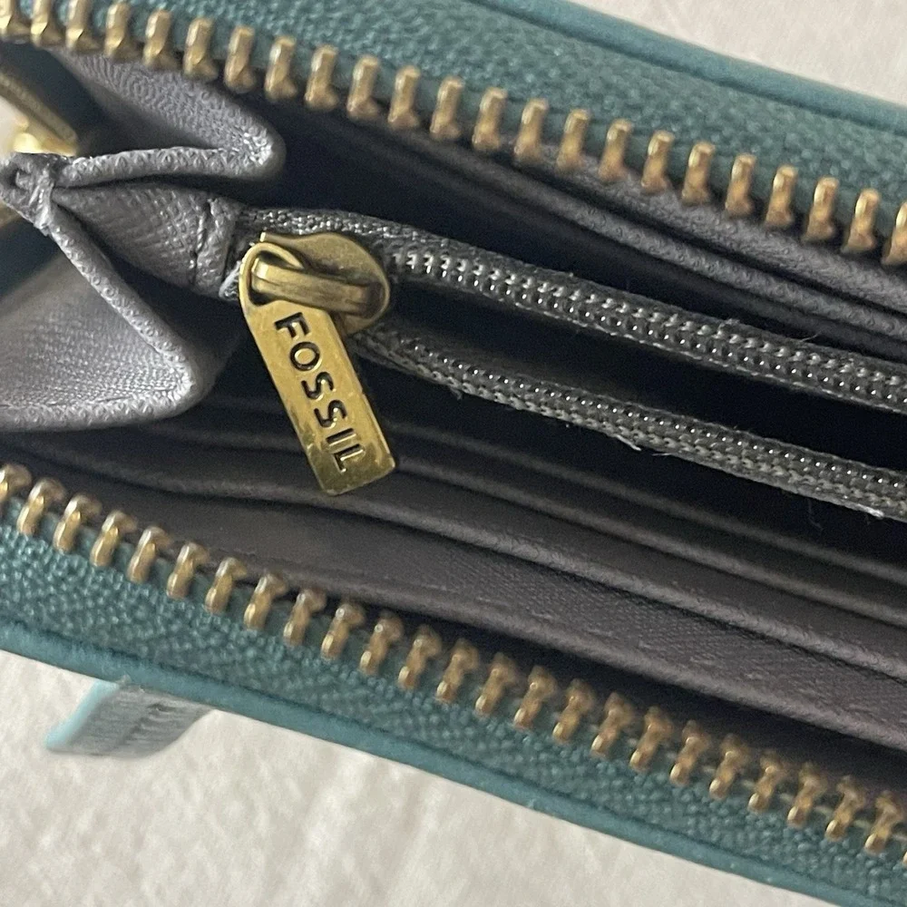 Fossil Womens Zip Around Wallet Teal Green‎ Leather